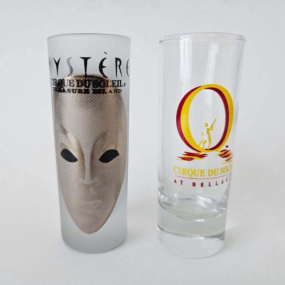 Cirque Du Soleil Mystere & O Shot Glasses 4" Tall Las Vegas + Bonus Shot Glass